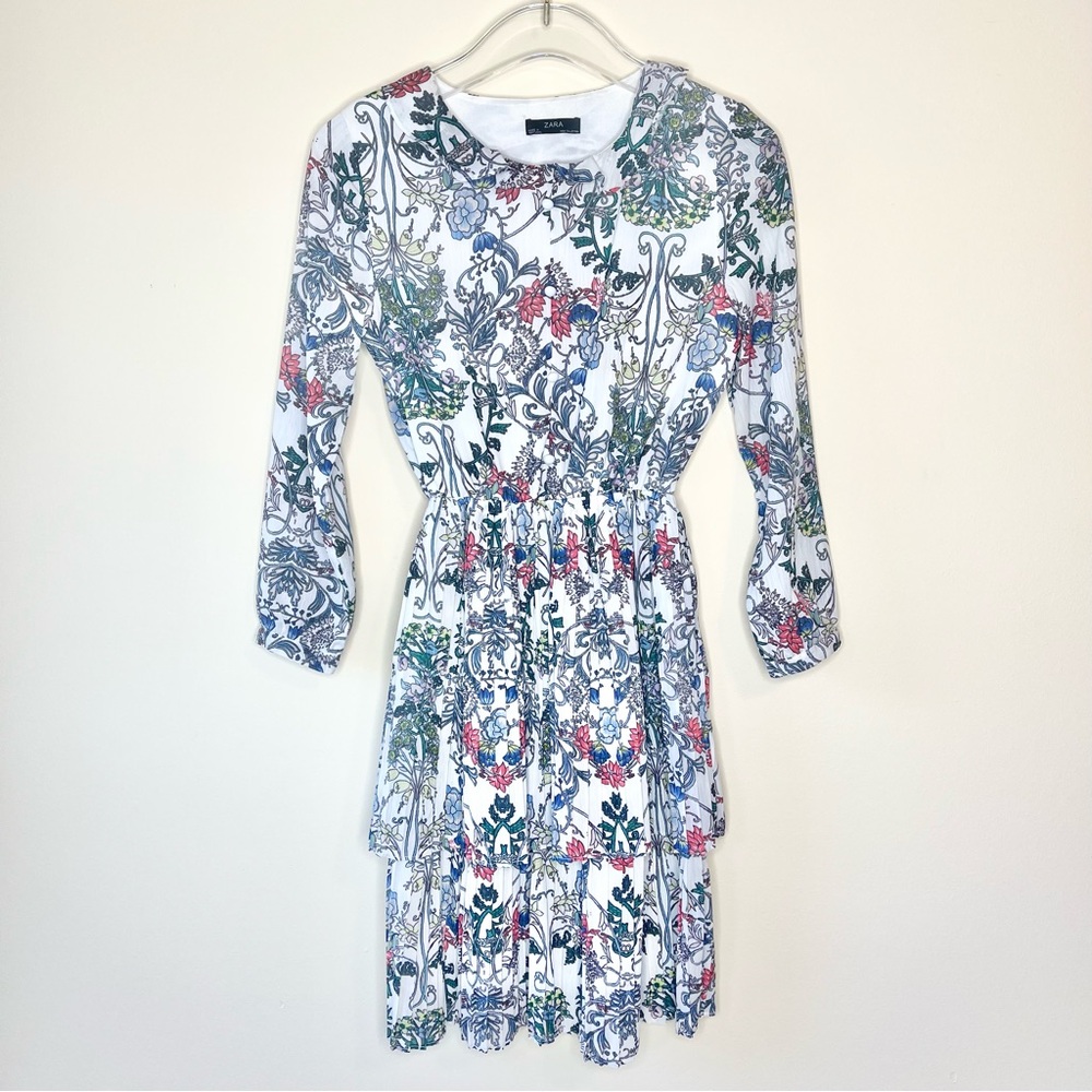 Zara Pleated Tiered Skirt Floral Collared Button Detail Dress
